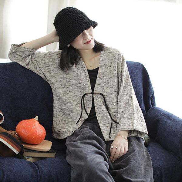 

women's jackets women elegant chinese style single button v neck knot-buttons jacket vintage loose short female three quarter sleeve, Black;brown