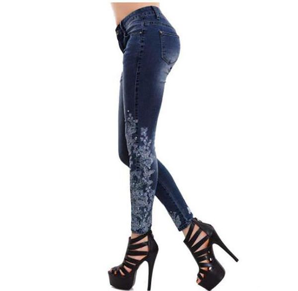 

leggins mujer embroidery slim women jeans high waist elastic ladies legings jean femme women's, Blue