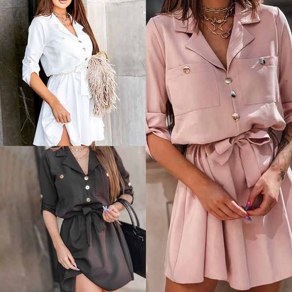 

2021 solid color suit collar button fold ruffle middle sleeve dress, Black;gray