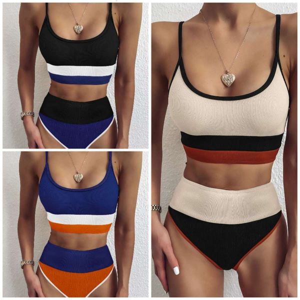 

stitched high waist split bikini swimsuit, White;black