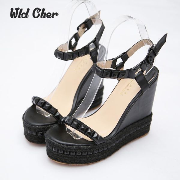 

roman sandals summer high heels shoes rivet peep toe platform wedges women small size 33 -39 zapatos mujer plataforma, Black