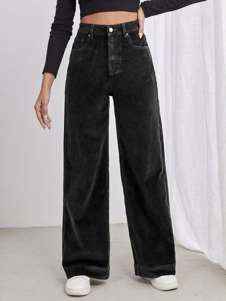 

high waist slant pocket cord pants s6zi#, Black;white
