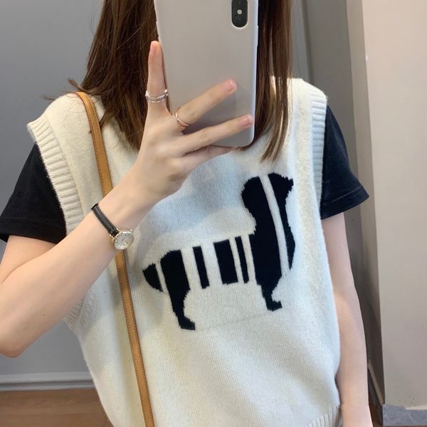 

2021 wool vt women's spring wear knitted vt, foreign style fashion autumn and winter sleevels waistcoat, Black;white