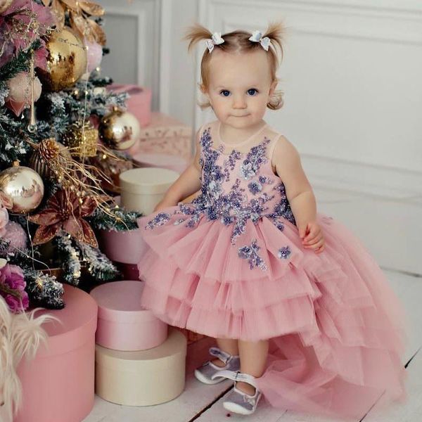 

lovely pink high low flower girls dresses o neck ruffles bead toddler communion dress front short back long kid party gowns, White;blue