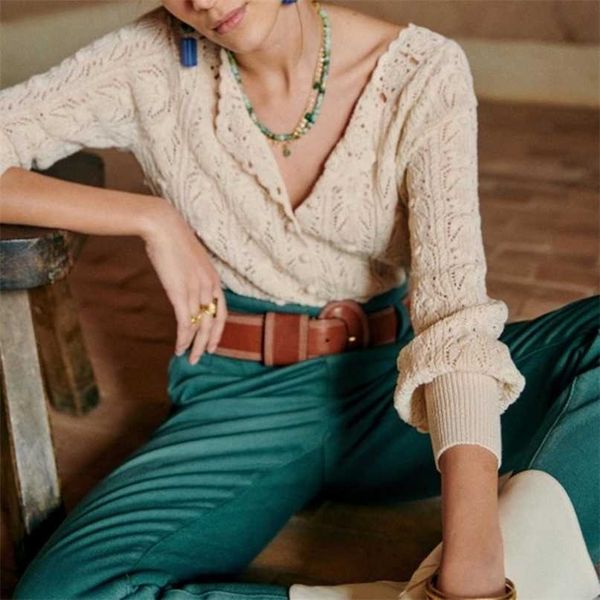 

women's single breasted knit sweater hollow out long sleeve vintage cardigan spring 211011, White;black