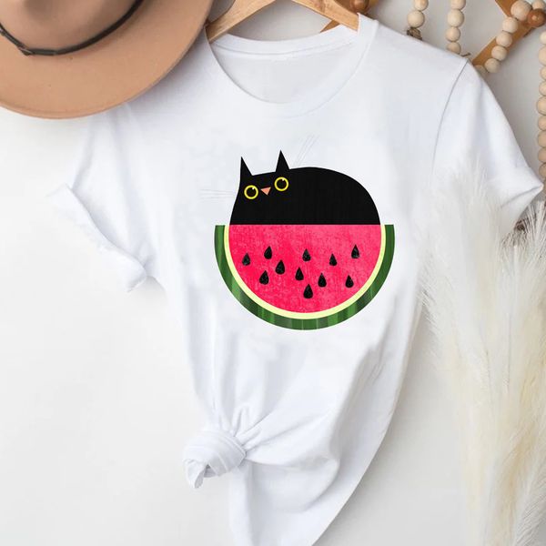 

women's t-shirt t-shirts women cat animal funny watermelon spring summer fashion clothes graphic t tshirt lady print female te, White