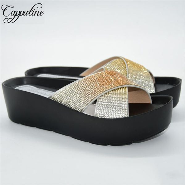 

latest women slippers nice wedge heels casual shoes african femmes chaussures rhinestones 222-9 height 5 cm, Black