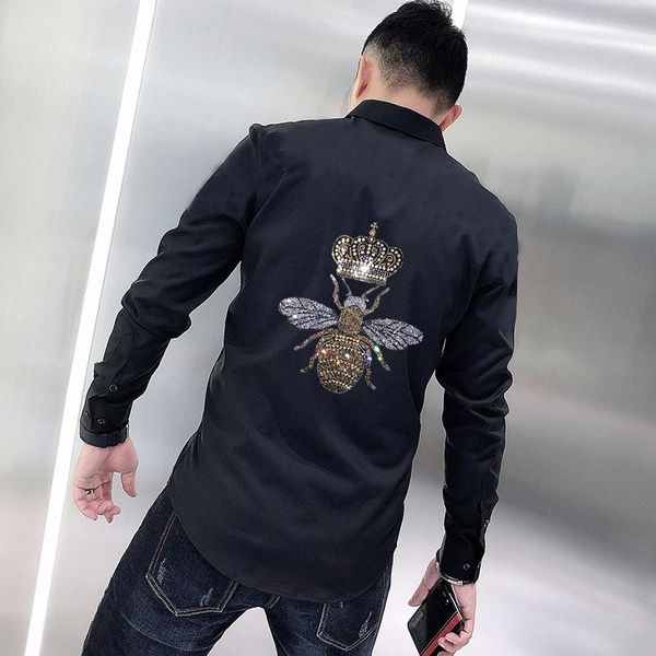 

men's casual shirts fitness slim plus size asian -5xl shirt fashion bee rhinestone classic trend youth long sleeve, White;black