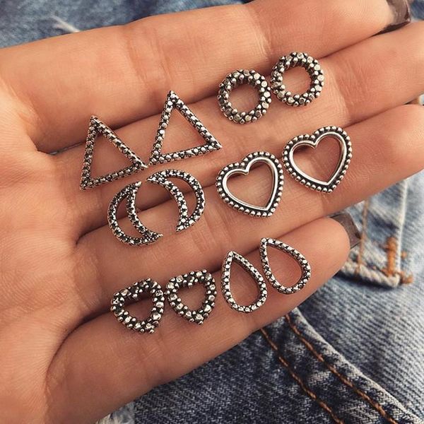 

modyle 6 pairs/set heart moon triangle stud earrings for women vintage bohemian summber beach geometry boucle d'oreille jewelry, Golden;silver