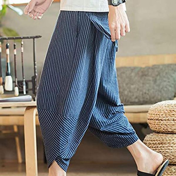 

men's pants summer men casual harem jogger fitness trousers linen loose chinese style striped cropped, Black