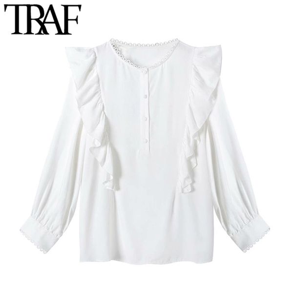 

women fashion with ruffled button-up blouses vintage o neck long sleeve female shirts blusas chic 210507, White