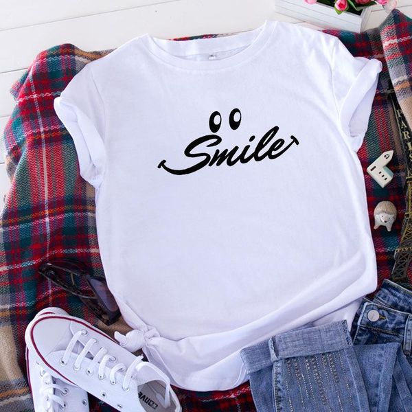 

women's t-shirt summer smile t shirts letter printed tee drop woman short sleeve t-shirts plus size tshirts, White