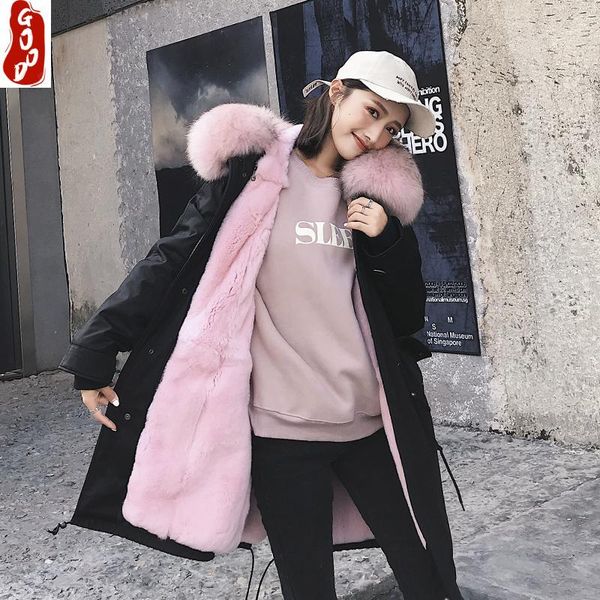 

women's fur & faux luxury real coat female natural rex liner parkas mujer 2021 winter jacket women large collar tm108, Black