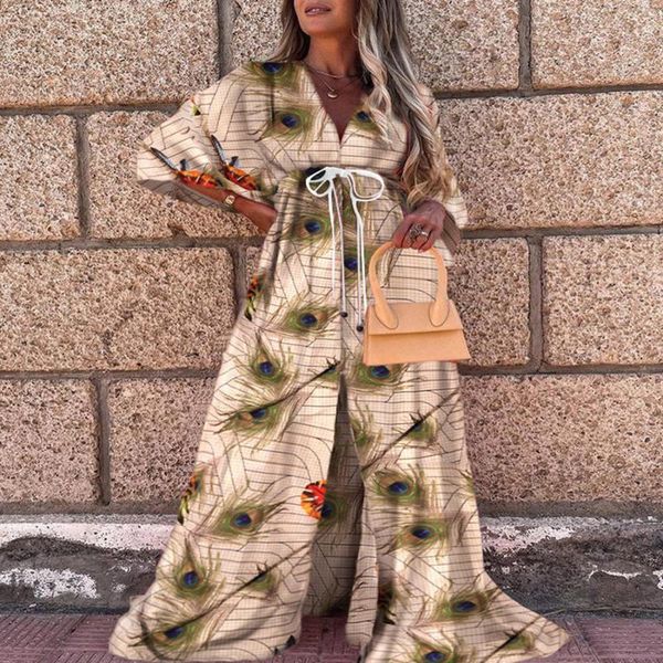 

casual dresses rocwickline summer and autumn women's dress vacation style print v-neck princess sleeves sashes loose elegant, Black;gray