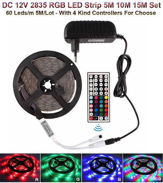 

strips 5m-15m rgb led light strip kit dc12v waterproof flexible diode tape 2835 ribbon + music remote controller adapter plug