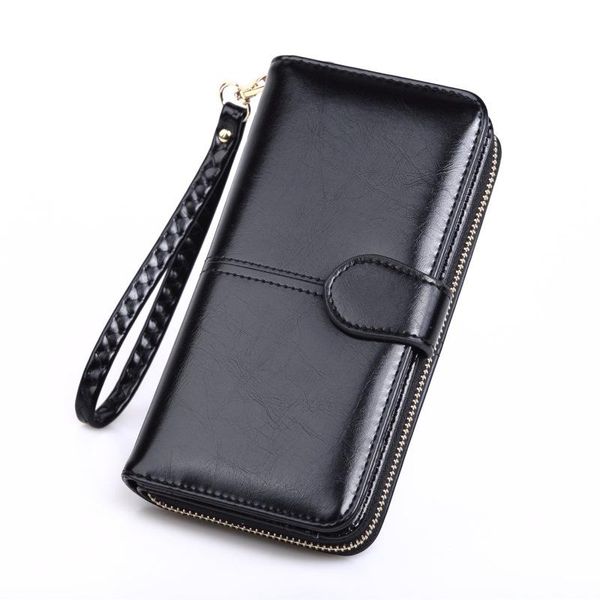 

wallets 2021 oil wax leather wallet long zipper phone bag women large card holder, Red;black