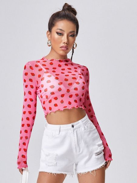 

lettuce trim allover strawberry print sheer mesh crop without bra t0y8#, White