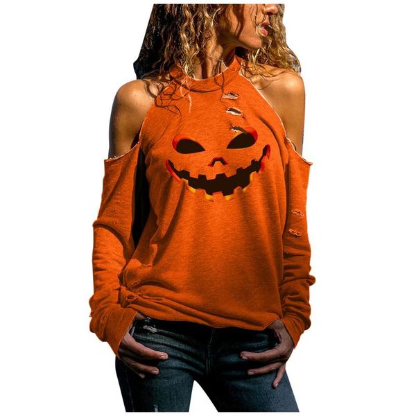 

women's blouses & shirts women casual off shoulder halloween hollow out long sleeve blouse shirt pullover pumpkin print, White