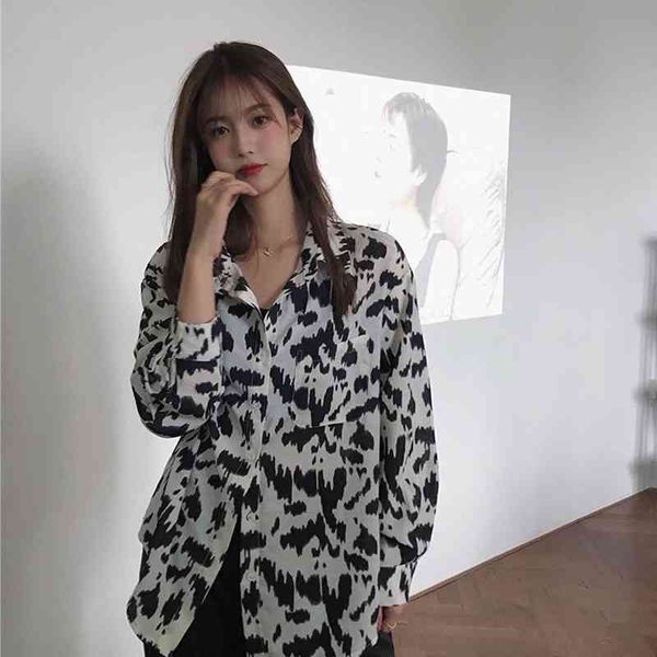 

spring street style leopard print women's shirt blouse long sleeve chiffon white ladies tunic oversized female 210521