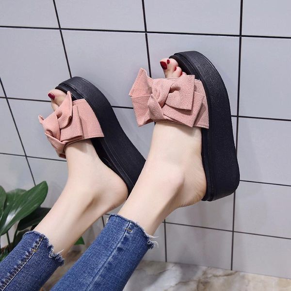 

slippers female fashion lady a word procrastinates flat bow outside wear thick bottom cool summer shoes, Black