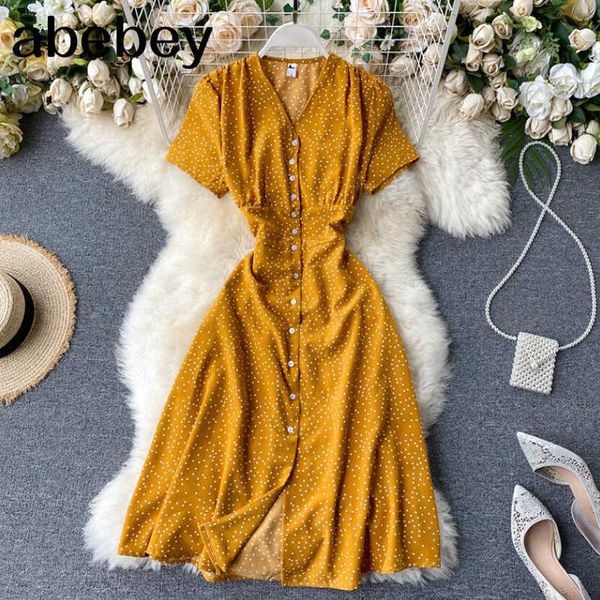 

vintage polka dot print chiffon dress women summer v-neck single-breasted short sleeve dresses casual vestidos mujer 210715, Black;gray