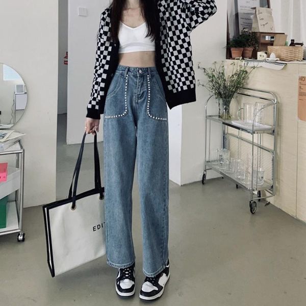 

women's jeans pearls beading pockets women high-waisted denim straight-leg pants casual wide leg sweet wild vintage trousers, Blue
