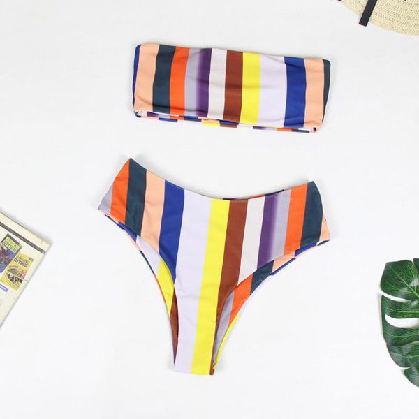 

one-piece suits women stripe bikini set push-up brazilian swimwear beachwear swimsuit chest-wiping rainbow printed swimming suit a30331