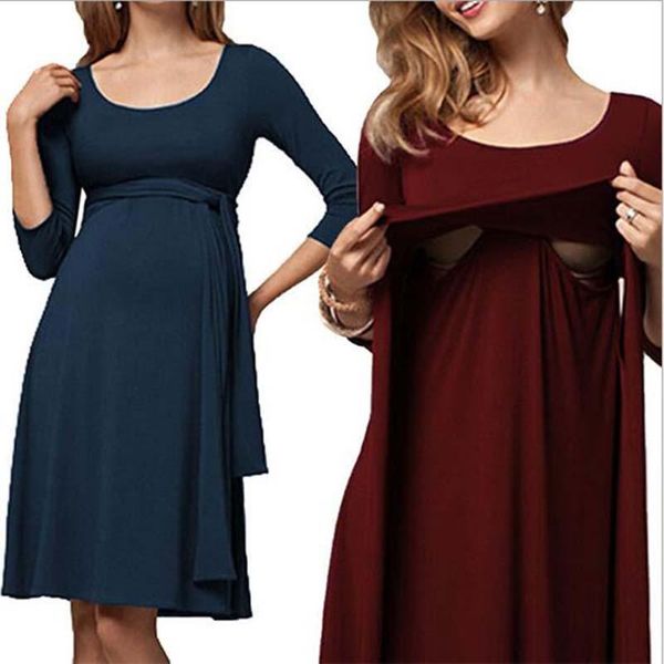 

maternity dresses casual nursing breastfeeding clothes summer long sleeve loose pregnant women dress o-neck, White