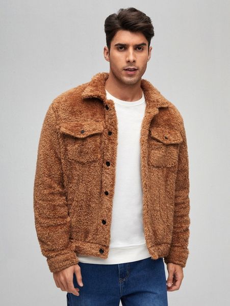 

men flap pocket fleece jacket j3kv#, Black;brown