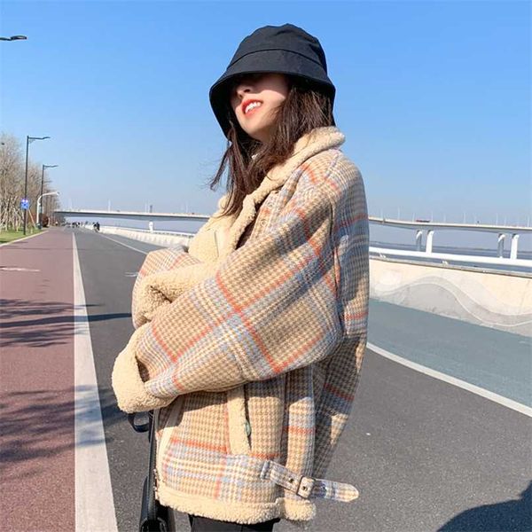 

lamb wool short down cotton padded jacket women's korean loose winter plaid jacket 211126, Black;brown