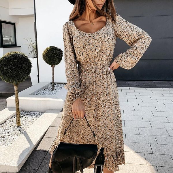 

casual dresses autumn ruffles square collar print floral long women spring sleeve a line dress slim female boho party vestido, Black;gray