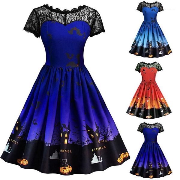 

casual dresses vintage mesh women halloween pumpkin print lace short sleeve harajuku gown party dress gothic pleated, Black;gray