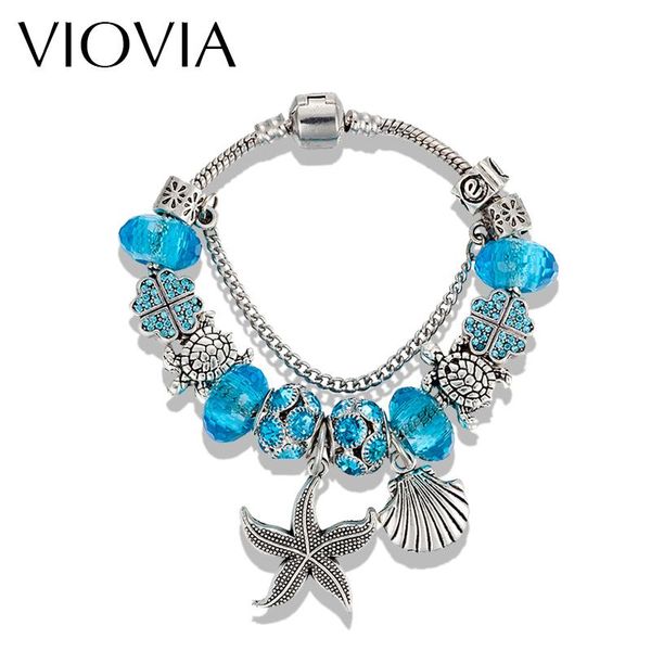 

charm bracelets viovia summer bohemian antique silver color shell beads fits european blue pulseras women & bangles b16055, Golden;silver