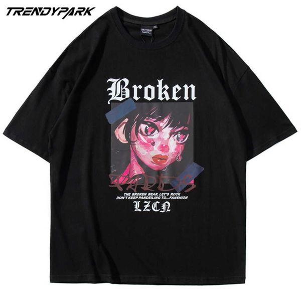 Hip Hop Anime Bonita Menina Impressão T Camiseta Homens Streetwear Harajuku T-shirt Algodão Casual Manga Curta Tshirt Tops Preto Tees 210601