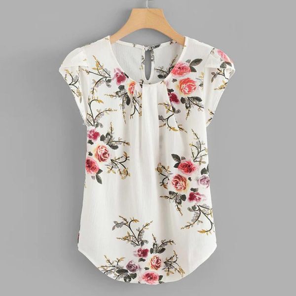 

blouses for women casual round neck basic floral pleated cap short sleeve shirt blouse ladies ropa mujer women's & shirts, White