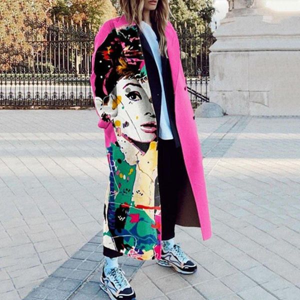

women's wool & blends women fashion coats 2021 autumn winter eyes printing splicing long maxi outwear overcoats female casual high str, Black