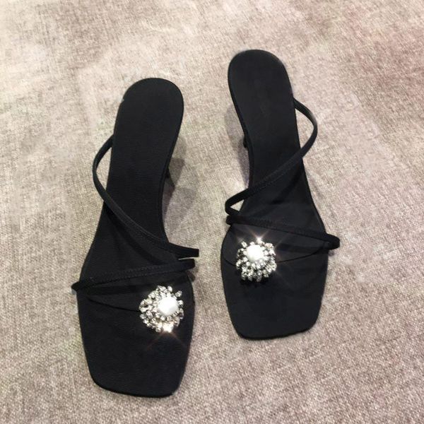 

summer rhinestone buckle flip-flop high heel thin heeled open toe strap sandals square slippers women, Black