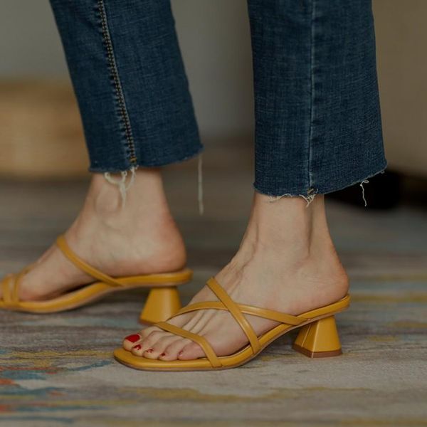 

kmeioo 2021 summer female sandals woman basic spike heel shoes open toe med heels outside slippers fashion slides, Black