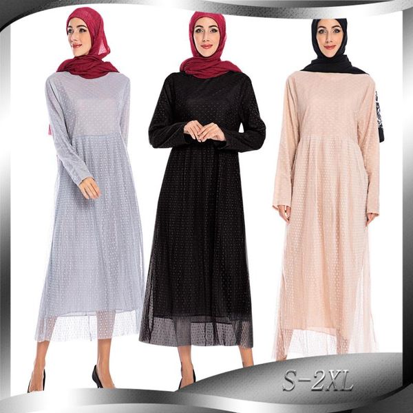 

bianfeng women's polka dot muslim hui abaya large mesh hijab dress long sleeve slim fit robe ethnic clothing, Red