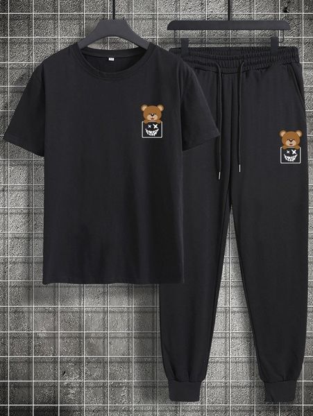 

romwe guys cartoon bear graphic tee & drawstring sweatpants k802#, Gray