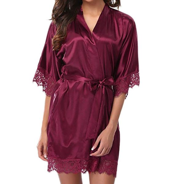 

women's sleepwear robe women satin silk woman lace female bathrobe womens robes ladies for nightgown, Black;red