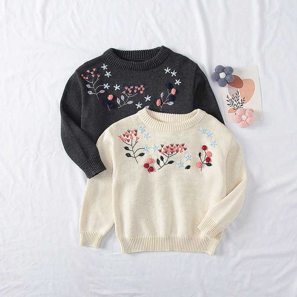 Crianças Meninos Meninas Bordado Bordado Suéters Floral Pullovers 2021 Nova Chegada Inverno Vestuário de Algodão Branco Verde Escuro 18m-7y Y1024