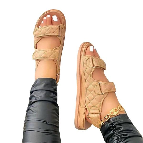 

women peep toe pu flat sandals with fasten tape breathable casual wedges slippers shoes simple style soft sole for girls j55, Black