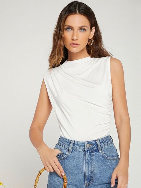 

ruched solid tank e1m9#, White