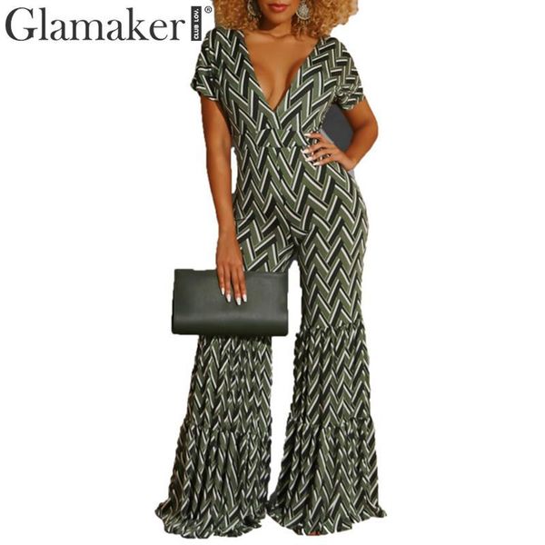 Glamaker rückenfreier Verband-Kurzarm-eleganter Overall, modischer Damen-Overall mit V-Ausschnitt im Vintage-Stil, lockerer Playsuit im geometrischen Stil 210412