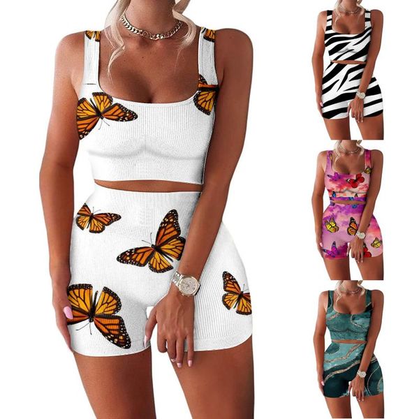 

yoga sets women gym clothes sleeveless seamless crop tank high waist shorts +fashion sport printing and pants suit women's tanks & c, White