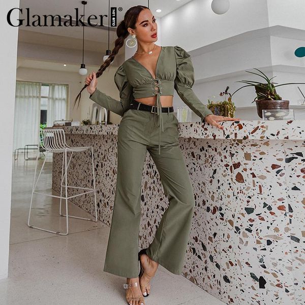 

glamaker two piece suits women puff sleeve v neck and straight pants office ladies green female sets 2021 lace up women's, White