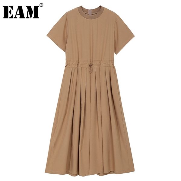 

[eam] women khaki pleated ruffles sashes dress round neck short sleeve loose fit fashion spring summer 1dd7154 210512, Black;gray