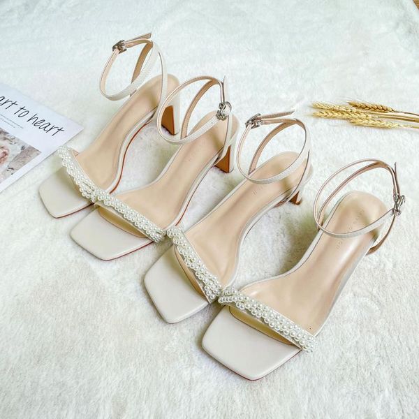 

sandals women high heels ladies summer pearls thick heel ankle strap solid black comfortable beach ca81