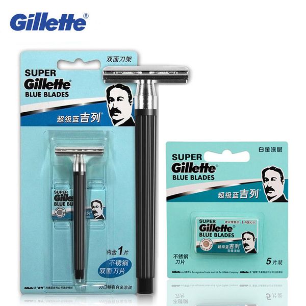 

gillette er blue razor mens classical stainless steel double-sided blade shaver official safety beard cutting razor 6 blades